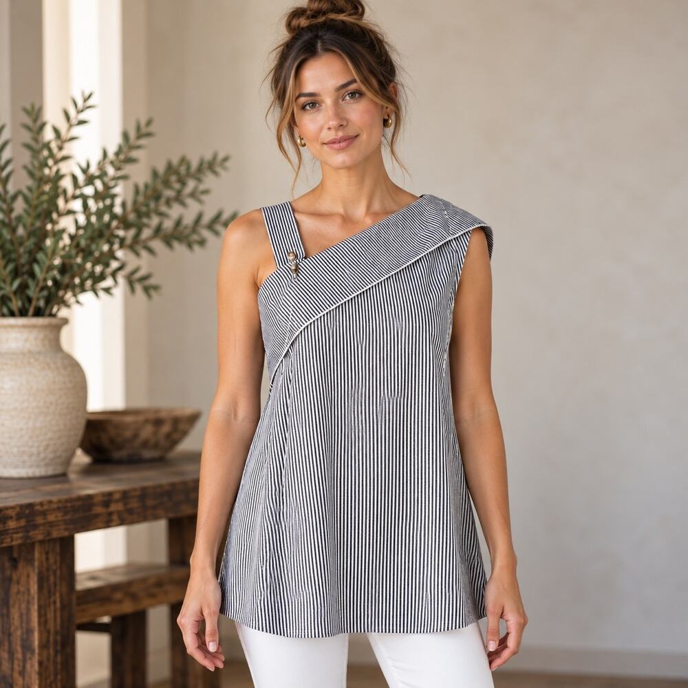 Anna Cate Gray Stripe Asymmetrical Top Small